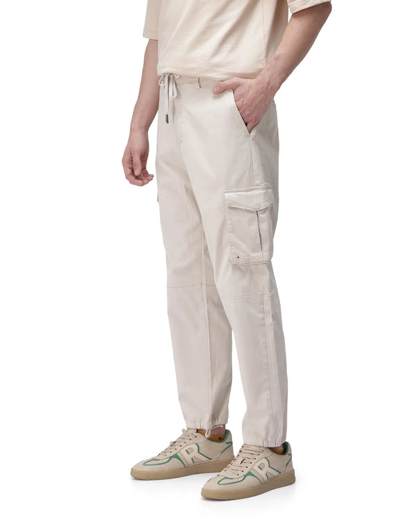 Rare Rabbit Men's Maks Off White Drawstring Closure Mid-Rise Relaxed Fit Solid Trouser
