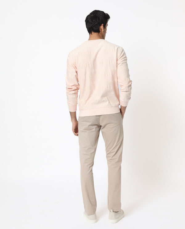 Rare Rabbit Men's Malaga Peach Cotton Fabric Full Sleeves Rare Towel Embroidery Print Sweatshirt