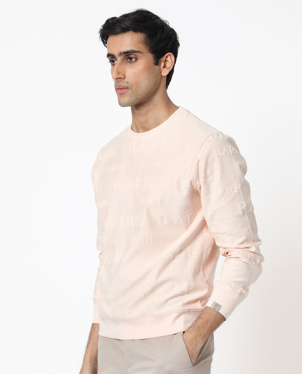 Rare Rabbit Men's Malaga Peach Cotton Fabric Full Sleeves Rare Towel Embroidery Print Sweatshirt