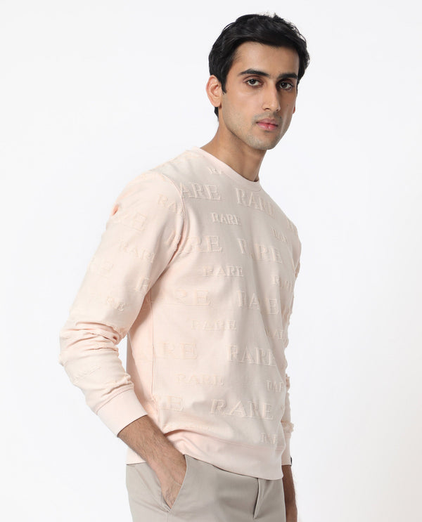 Rare Rabbit Men's Malaga Peach Cotton Fabric Full Sleeves Rare Towel Embroidery Print Sweatshirt
