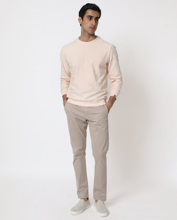 Rare Rabbit Men's Malaga Peach Cotton Fabric Full Sleeves Rare Towel Embroidery Print Sweatshirt