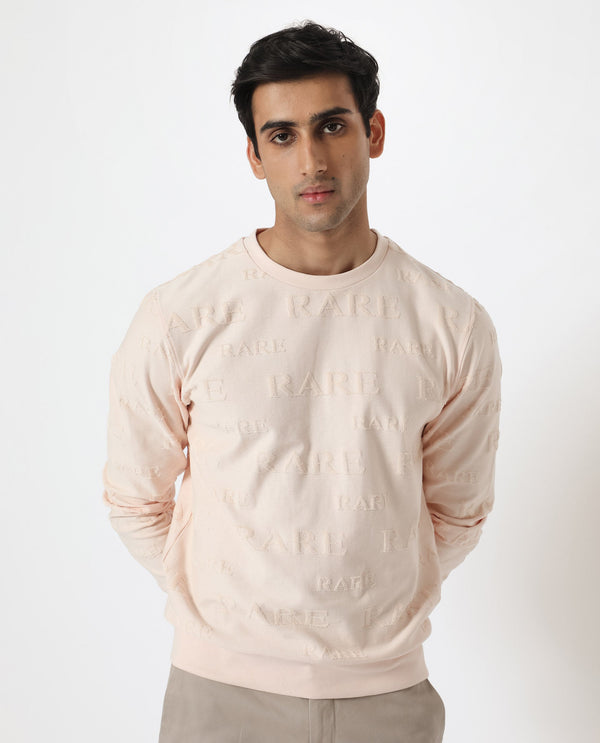Rare Rabbit Men's Malaga Peach Cotton Fabric Full Sleeves Rare Towel Embroidery Print Sweatshirt