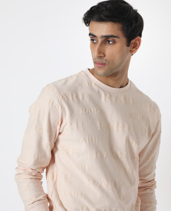 Rare Rabbit Men's Malaga Peach Cotton Fabric Full Sleeves Rare Towel Embroidery Print Sweatshirt