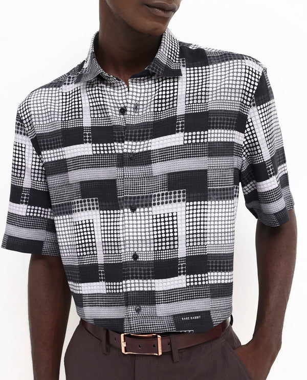 Rare Rabbit Men's Mallor Black Viscose Fabric Short Sleeve Boxy Fit Geometric Print Shirt