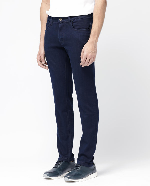 Rare Rabbit Mens Manado Dark Navy Cotton Polyester Solid Slim Fit Jeans