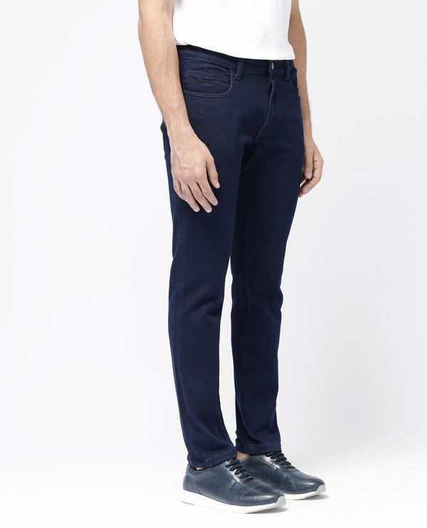Rare Rabbit Mens Manado Dark Navy Cotton Polyester Solid Slim Fit Jeans