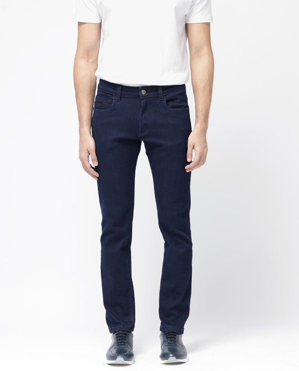 Rare Rabbit Mens Manado Dark Navy Cotton Polyester Solid Slim Fit Jeans