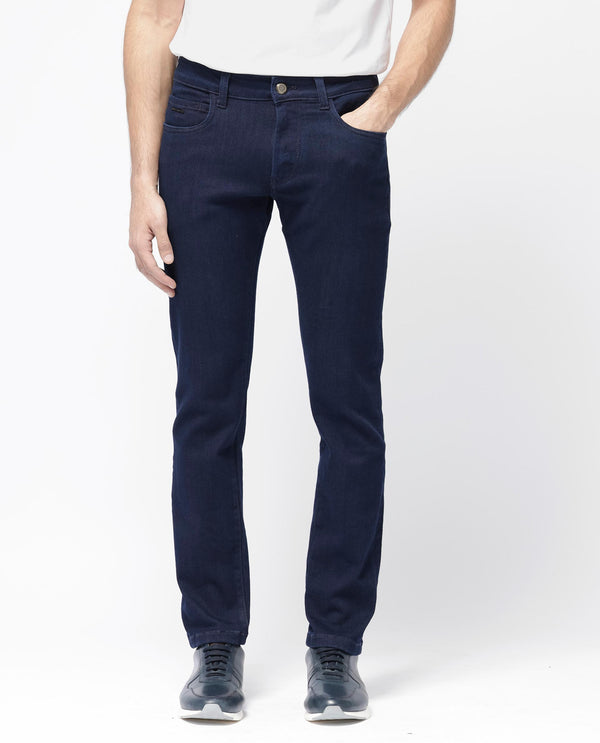Rare Rabbit Mens Manado Dark Navy Cotton Polyester Solid Slim Fit Jeans