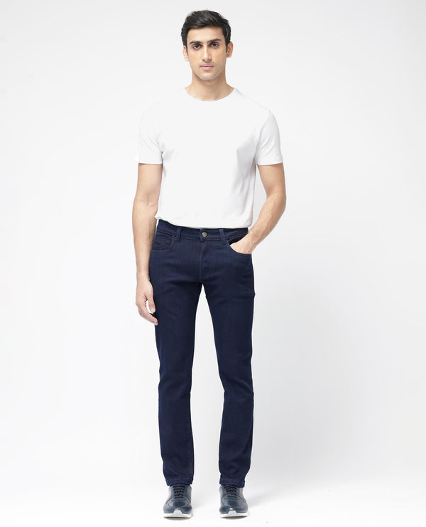 Rare Rabbit Mens Manado Dark Navy Cotton Polyester Solid Slim Fit Jeans