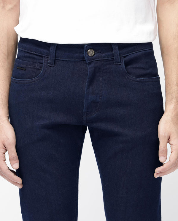 Rare Rabbit Mens Manado Dark Navy Cotton Polyester Solid Slim Fit Jeans
