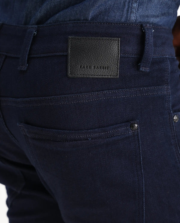 Rare Rabbit Mens Manado Dark Navy Cotton Polyester Solid Slim Fit Jeans