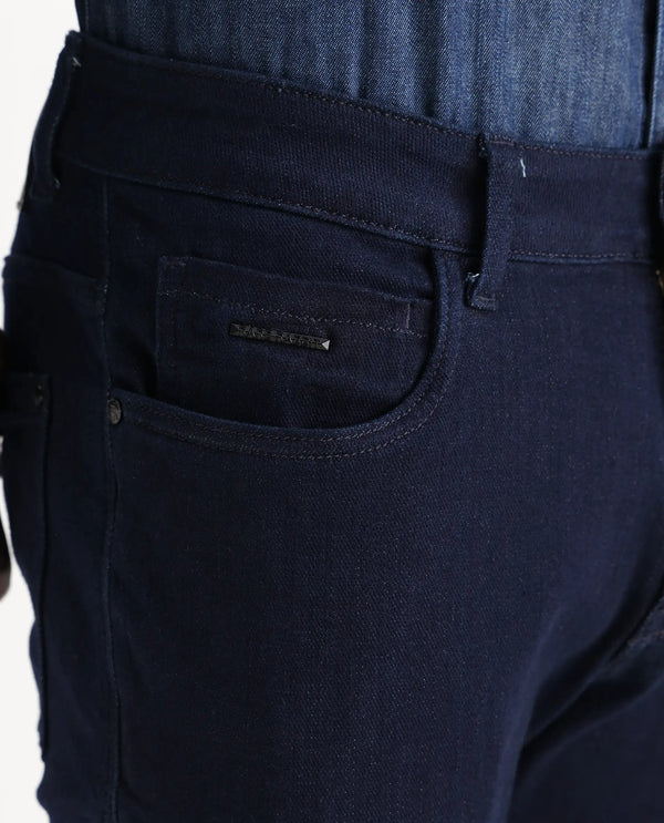 Rare Rabbit Mens Manado Dark Navy Cotton Polyester Solid Slim Fit Jeans