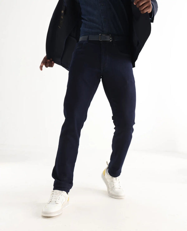 Rare Rabbit Mens Manado Dark Navy Cotton Polyester Solid Slim Fit Jeans