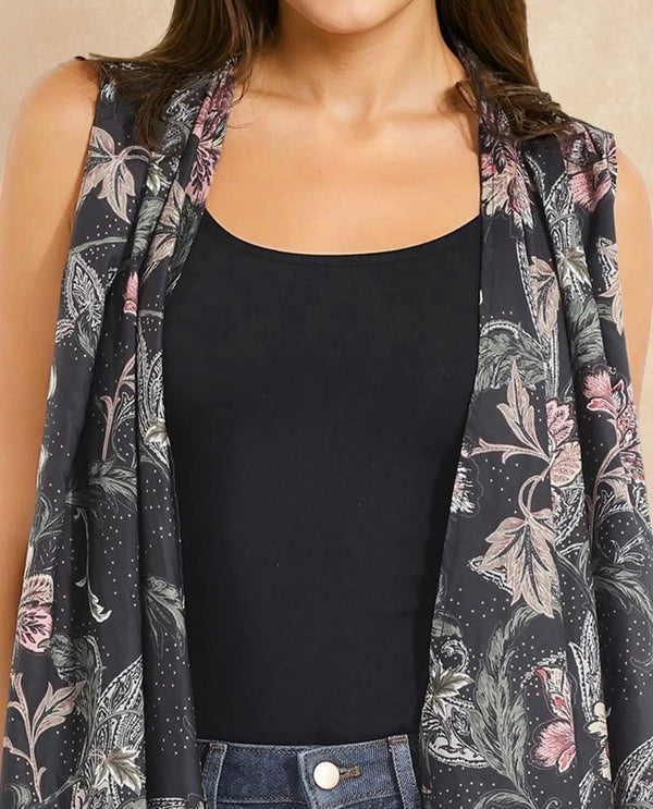 Rareism Women Manam Multi Sleeveless Relaxed Fit Tropical Print Shrug