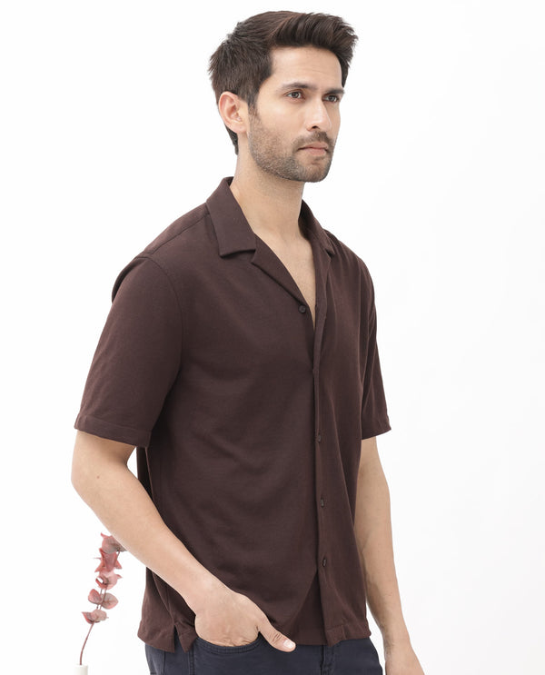 Rare Rabbit Men's Manga Dark Maroon Cotton Polyester Fabric Blend Cuban Collar Half Sleeves Boxy Fit Solid Knitted Shirt