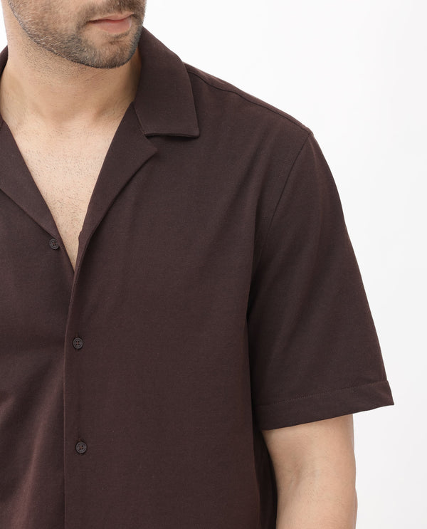 Rare Rabbit Men's Manga Dark Maroon Cotton Polyester Fabric Blend Cuban Collar Half Sleeves Boxy Fit Solid Knitted Shirt