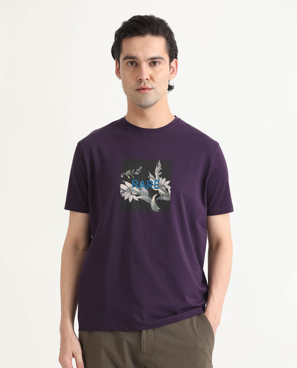 Rare Rabbit Men's Mant Purple Crew Neck Half Sleeves Regular Fit Flock Branding Floral Graphic Print T-Shirt