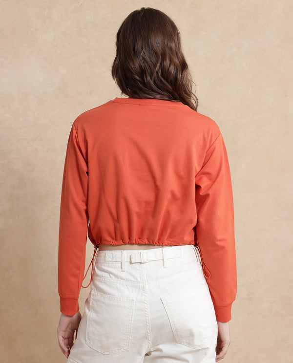 Rareism Women Maple Dark Orange Cotton Blend Fabric Full Sleeve Round Neck Relaxed Fit Cropped Plain Sweatshirt