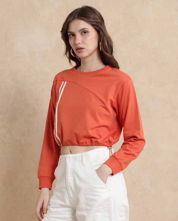 Rareism Women Maple Dark Orange Cotton Blend Fabric Full Sleeve Round Neck Relaxed Fit Cropped Plain Sweatshirt