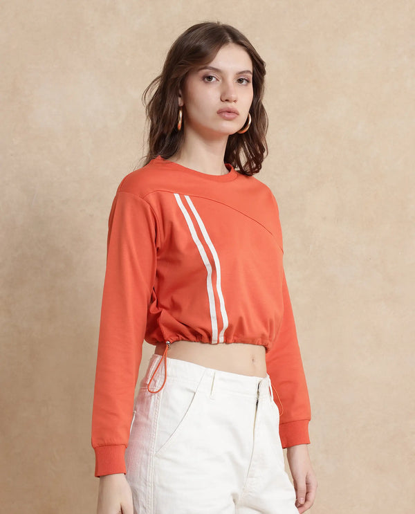 Rareism Women Maple Dark Orange Cotton Blend Fabric Full Sleeve Round Neck Relaxed Fit Cropped Plain Sweatshirt