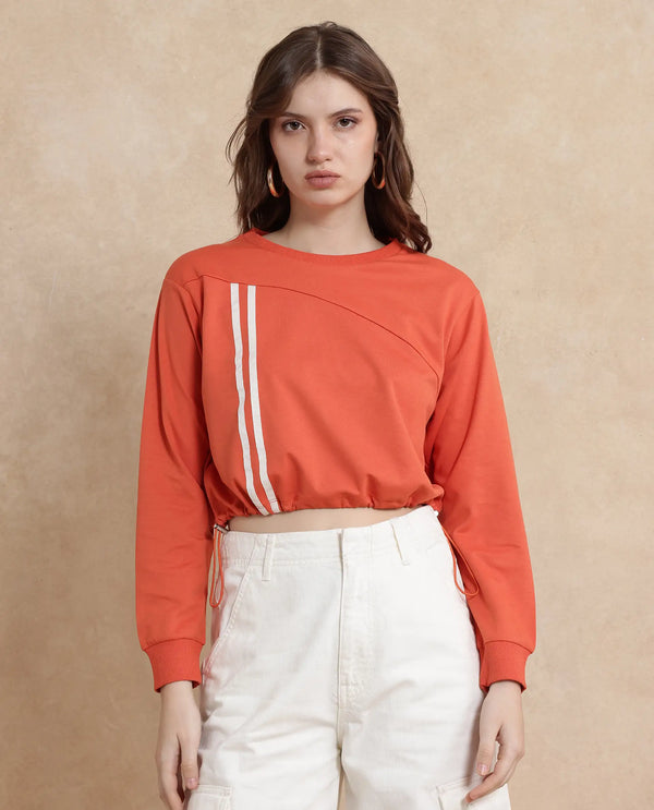 Rareism Women Maple Dark Orange Cotton Blend Fabric Full Sleeve Round Neck Relaxed Fit Cropped Plain Sweatshirt
