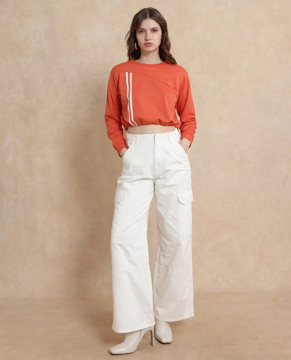 Rareism Women Maple Dark Orange Cotton Blend Fabric Full Sleeve Round Neck Relaxed Fit Cropped Plain Sweatshirt