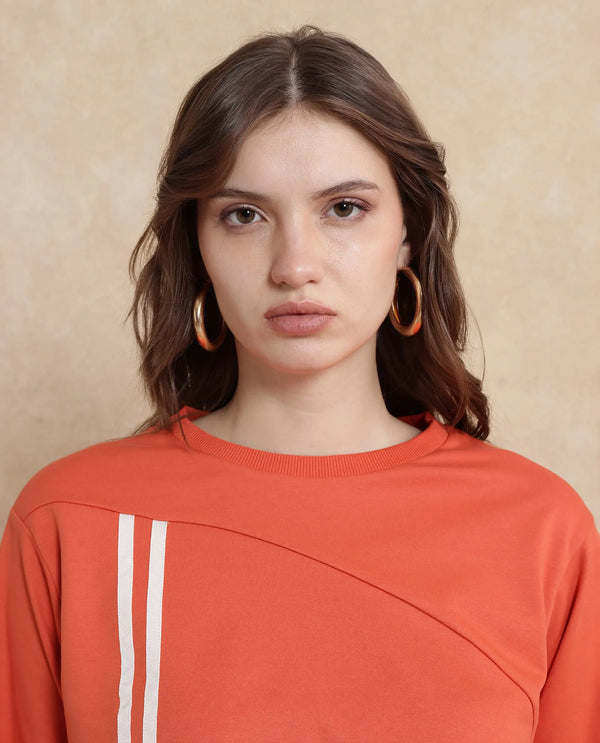 Rareism Women Maple Dark Orange Cotton Blend Fabric Full Sleeve Round Neck Relaxed Fit Cropped Plain Sweatshirt