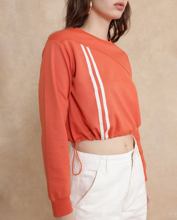 Rareism Women Maple Dark Orange Cotton Blend Fabric Full Sleeve Round Neck Relaxed Fit Cropped Plain Sweatshirt