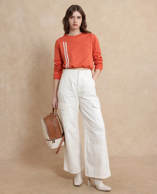 Rareism Women Maple Dark Orange Cotton Blend Fabric Full Sleeve Round Neck Relaxed Fit Cropped Plain Sweatshirt