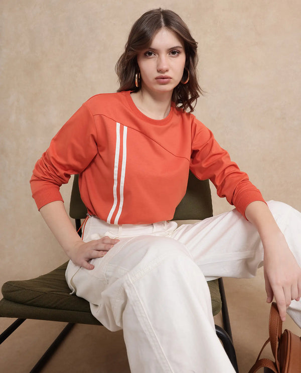 Rareism Women Maple Dark Orange Cotton Blend Fabric Full Sleeve Round Neck Relaxed Fit Cropped Plain Sweatshirt