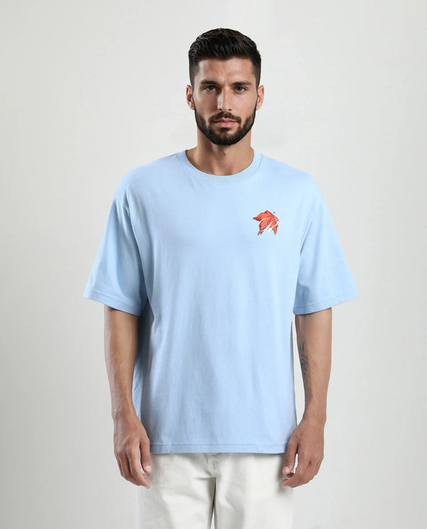 Rare Rabbit Men Mapler Blue Cotton Fabric Short Sleeve Slip-On Oversized Fit Graphic Print T-Shirt