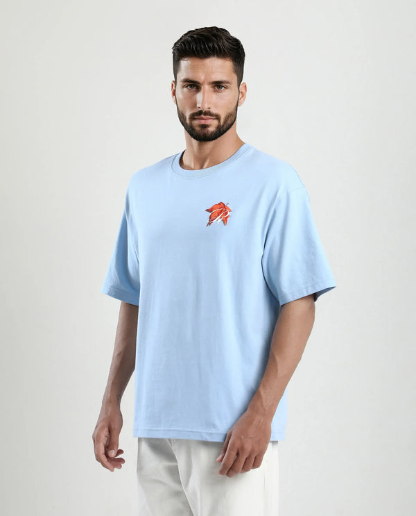 Rare Rabbit Men Mapler Blue Cotton Fabric Short Sleeve Slip-On Oversized Fit Graphic Print T-Shirt