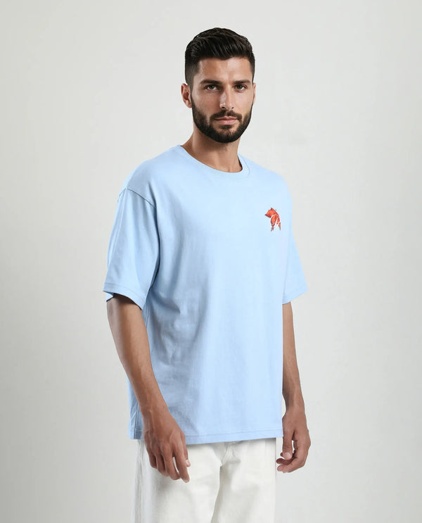 Rare Rabbit Men Mapler Blue Cotton Fabric Short Sleeve Slip-On Oversized Fit Graphic Print T-Shirt