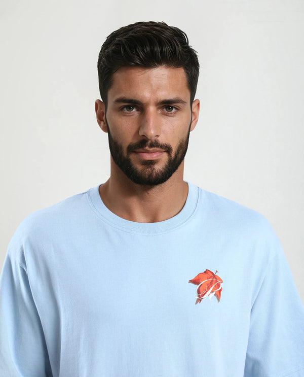 Rare Rabbit Men Mapler Blue Cotton Fabric Short Sleeve Slip-On Oversized Fit Graphic Print T-Shirt