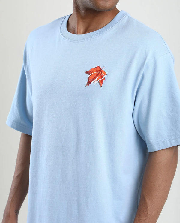Rare Rabbit Men Mapler Blue Cotton Fabric Short Sleeve Slip-On Oversized Fit Graphic Print T-Shirt