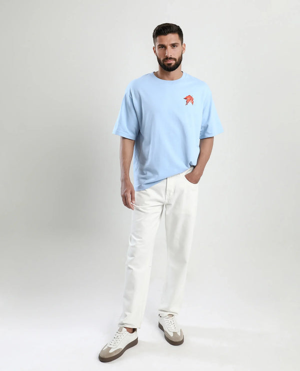 Rare Rabbit Men Mapler Blue Cotton Fabric Short Sleeve Slip-On Oversized Fit Graphic Print T-Shirt