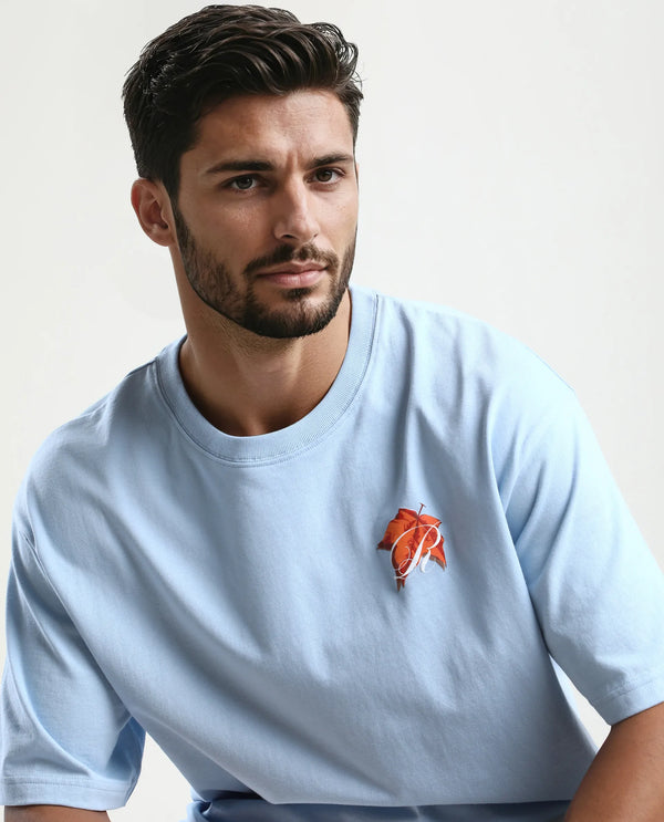 Rare Rabbit Men Mapler Blue Cotton Fabric Short Sleeve Slip-On Oversized Fit Graphic Print T-Shirt