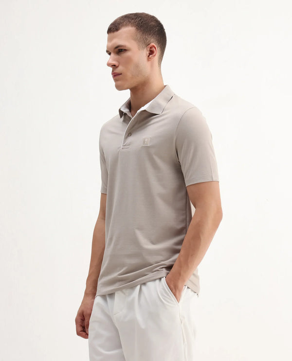 Rare Rabbit Men's Maq Beige Cotton Polyester Lycra Fabric Short Sleeve Contrasting Placket Piping Regular Fit Plain Polo T-Shirt