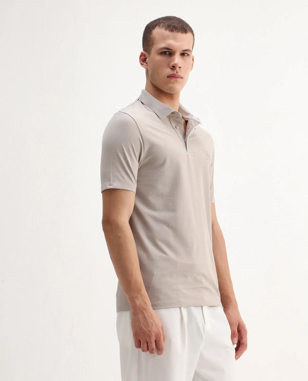 Rare Rabbit Men's Maq Beige Cotton Polyester Lycra Fabric Short Sleeve Contrasting Placket Piping Regular Fit Plain Polo T-Shirt