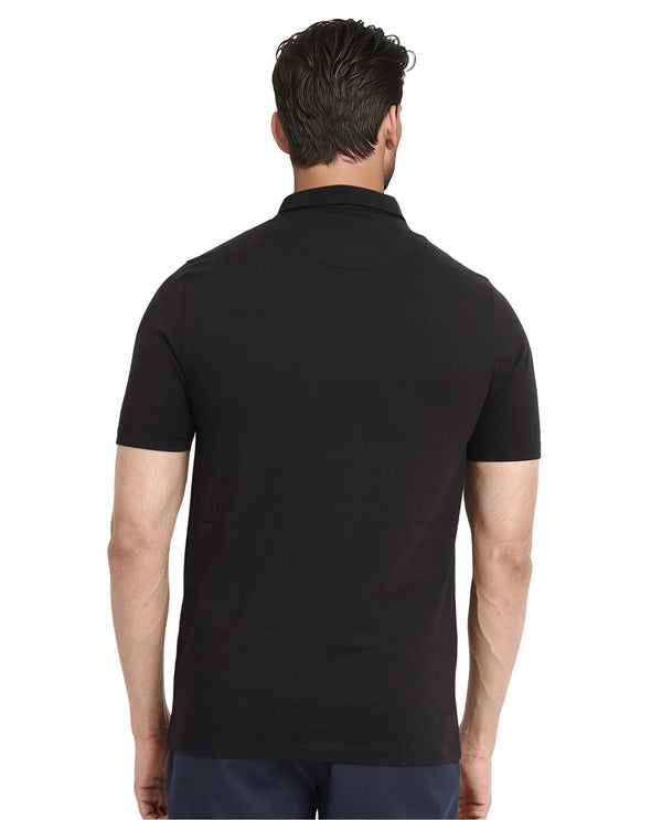 Rare Rabbit Men's Maq Black Cotton Polyester Lycra Fabric Short Sleeve Contrasting Placket Piping Regular Fit Plain Polo T-Shirt