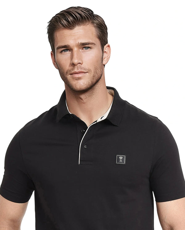 Rare Rabbit Men's Maq Black Cotton Polyester Lycra Fabric Short Sleeve Contrasting Placket Piping Regular Fit Plain Polo T-Shirt