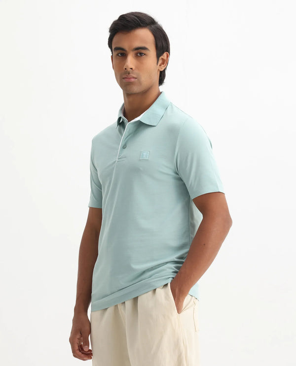Rare Rabbit Men's Maq Light Turq Cotton Polyester Lycra Fabric Short Sleeve Contrasting Placket Piping Regular Fit Plain Polo T-Shirt