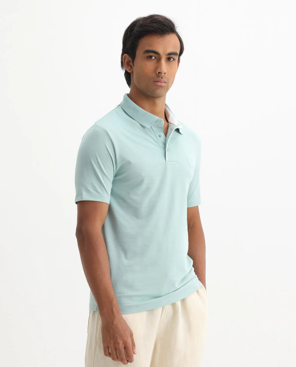 Rare Rabbit Men's Maq Light Turq Cotton Polyester Lycra Fabric Short Sleeve Contrasting Placket Piping Regular Fit Plain Polo T-Shirt