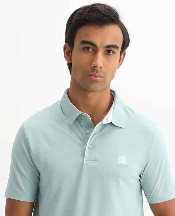 Rare Rabbit Men's Maq Light Turq Cotton Polyester Lycra Fabric Short Sleeve Contrasting Placket Piping Regular Fit Plain Polo T-Shirt