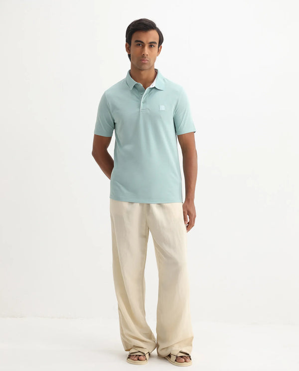 Rare Rabbit Men's Maq Light Turq Cotton Polyester Lycra Fabric Short Sleeve Contrasting Placket Piping Regular Fit Plain Polo T-Shirt