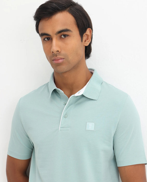 Rare Rabbit Men's Maq Light Turq Cotton Polyester Lycra Fabric Short Sleeve Contrasting Placket Piping Regular Fit Plain Polo T-Shirt