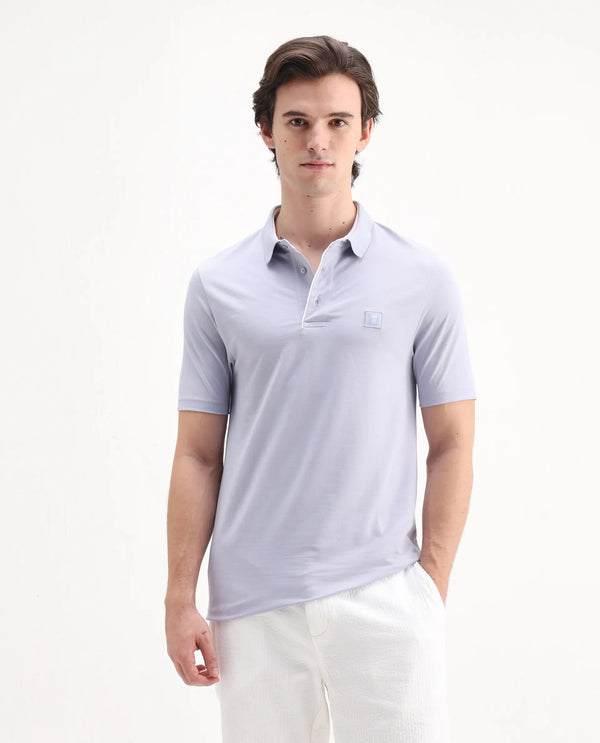 Rare Rabbit Men's Maq Pastel Purple Cotton Polyester Lycra Fabric Short Sleeve Contrasting Placket Piping Regular Fit Plain Polo T-Shirt