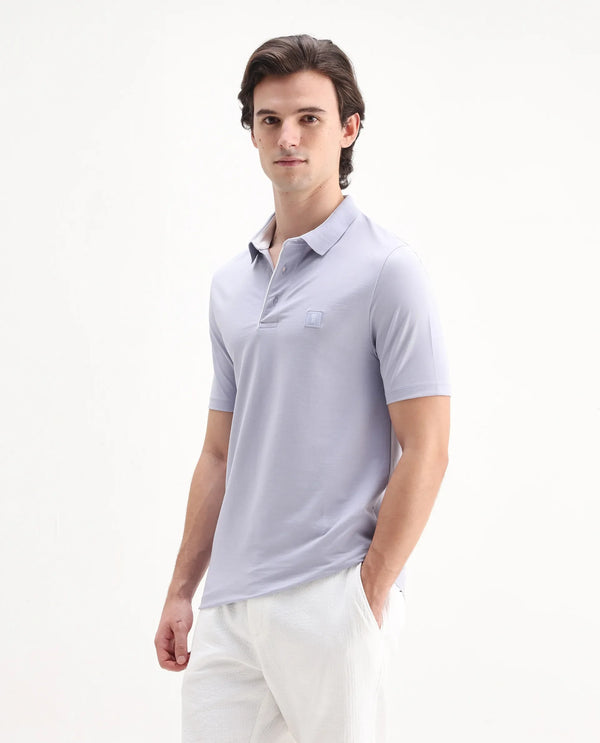 Rare Rabbit Men's Maq Pastel Purple Cotton Polyester Lycra Fabric Short Sleeve Contrasting Placket Piping Regular Fit Plain Polo T-Shirt