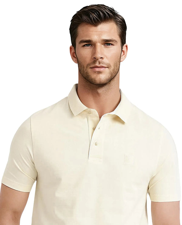Rare Rabbit Men's Maq Pastel Yellow Cotton Polyester Lycra Fabric Short Sleeve Contrasting Placket Piping Regular Fit Plain Polo T-Shirt