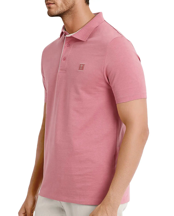 Rare Rabbit Men's Maq Pink Cotton Polyester Lycra Fabric Short Sleeve Contrasting Placket Piping Regular Fit Plain Polo T-Shirt